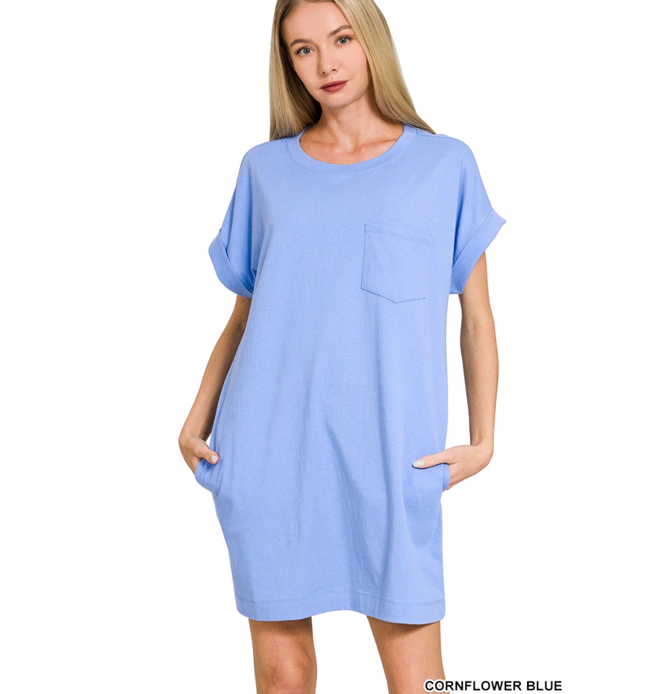 Sky Blue T-Shirt Dress With Pockets