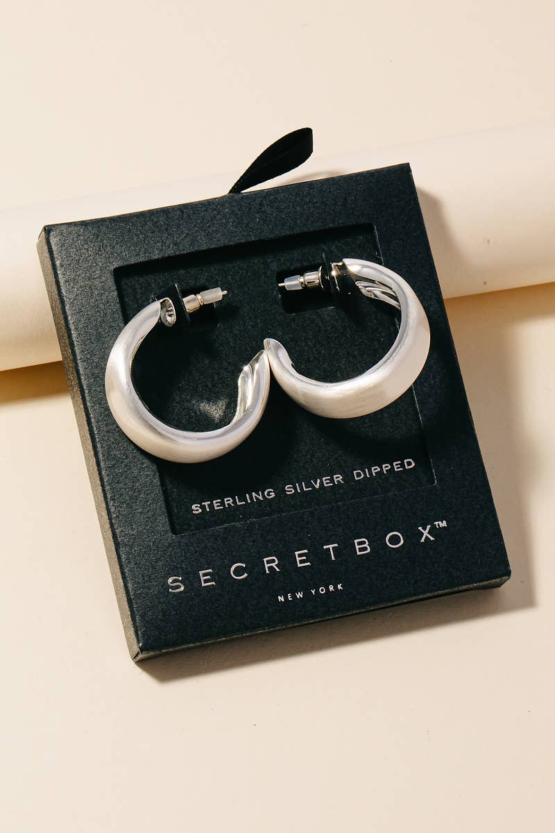 Secret Box Brushed Gold Dipped Small Beveled Hoop Earrings Silver