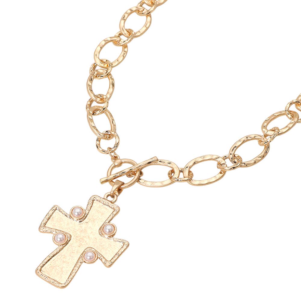 Gold Pearl Hammered Matte Metal Cross Pendant Chunky Necklace