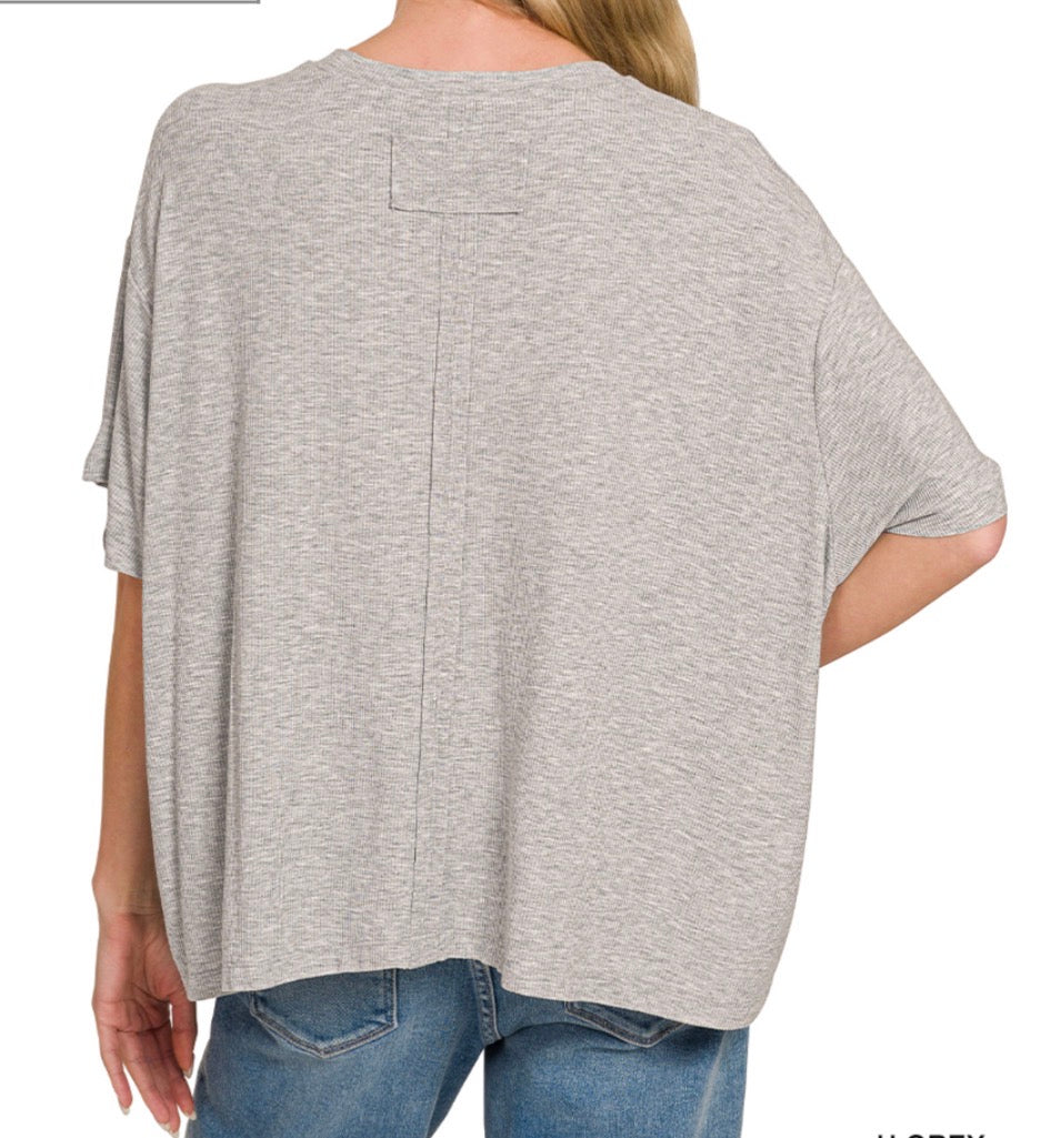 Grey Ribbed Pocket Top