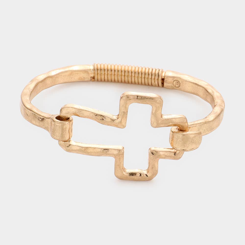 Gold Hammered Open Metal Cross Hook Bracelet