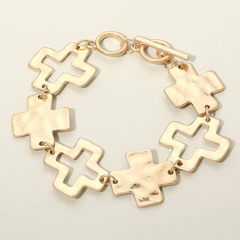 Hammered Metal Cross Charm Link Toggle Bracelet