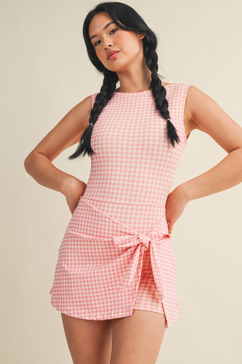 Gingham Print Wrap Tie Front Dress Romper Kimberly C.