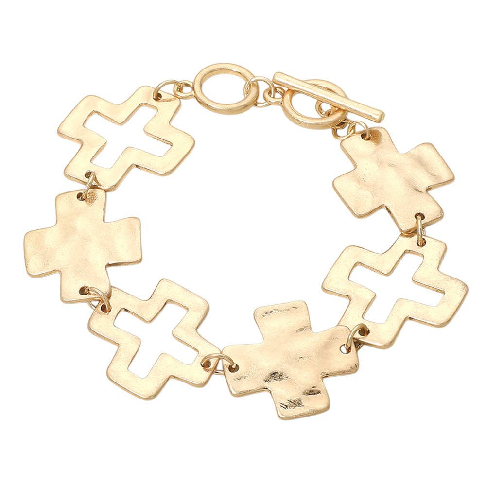 Hammered Metal Cross Charm Link Toggle Bracelet
