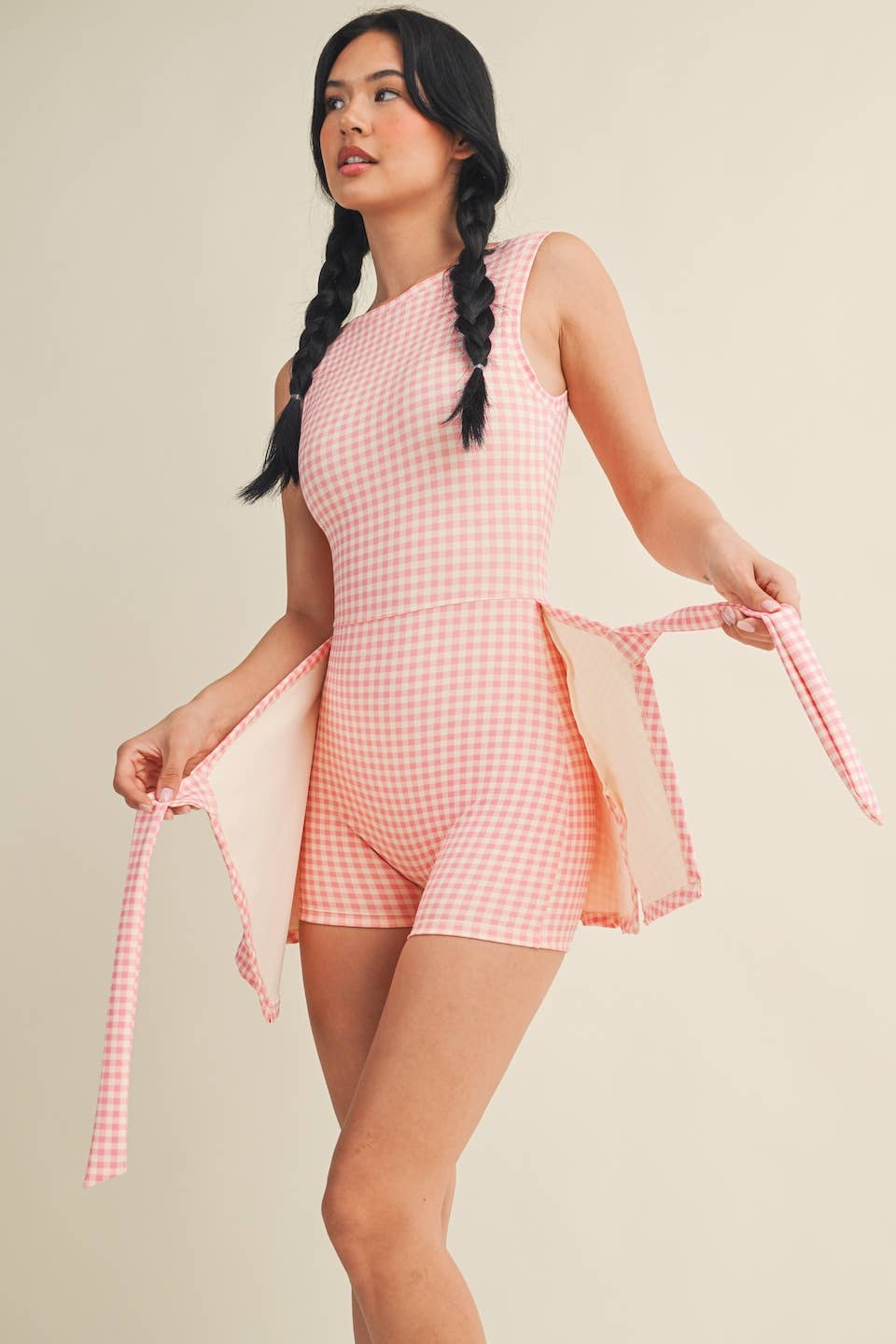 Gingham Print Wrap Tie Front Dress Romper Kimberly C.