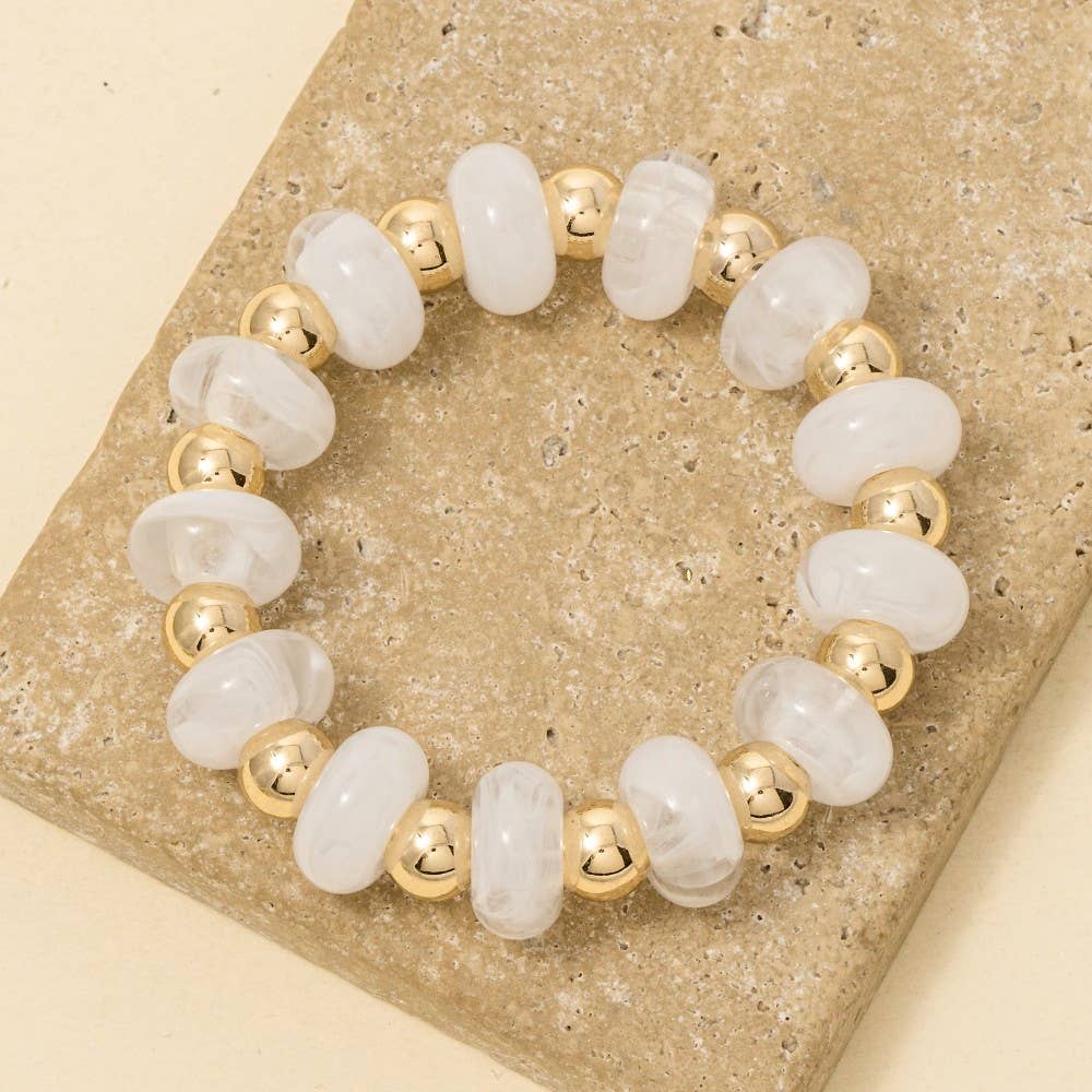 White and Gold Resin Beads Stretch Bracelet