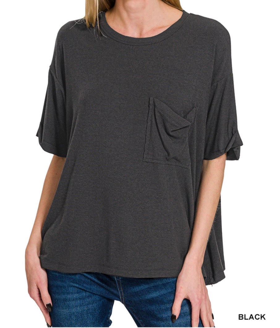 Black Ribbed Pocket Top