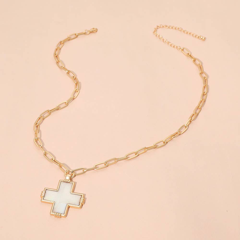 Abalone Cross Pendant Paperclip Chain Necklace