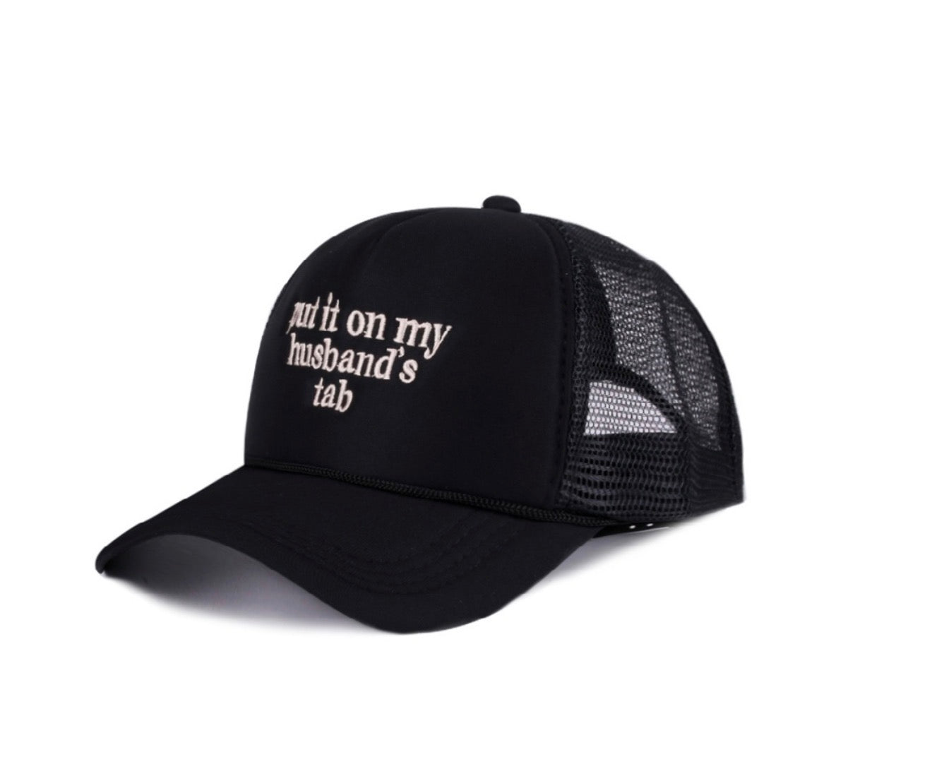 Put It On My Husbands Tab Black Trucker Hat