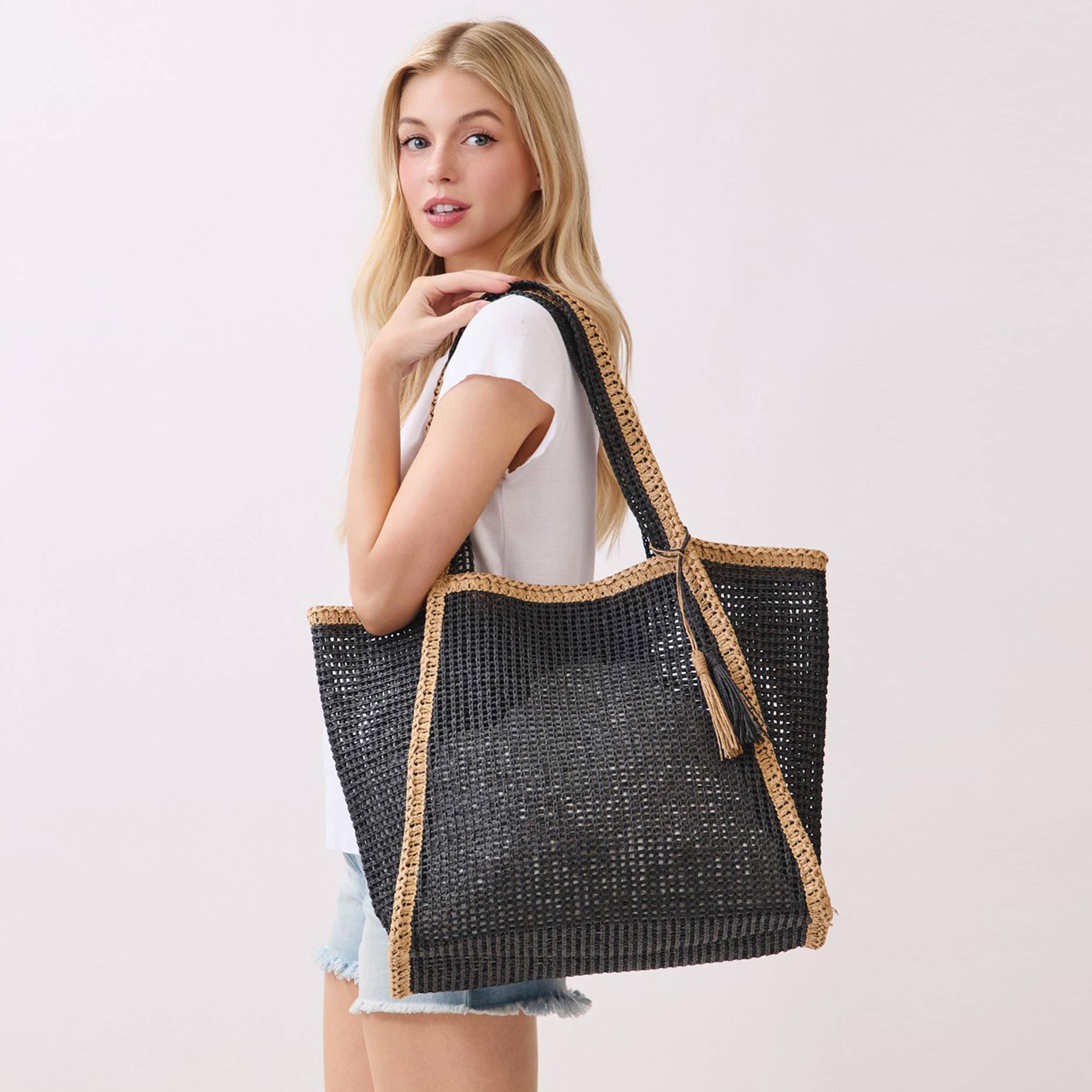 Two Tone Woven Straw with Tassel Tote Bag
