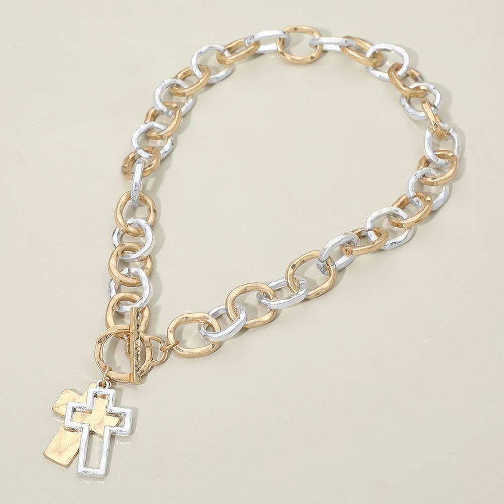 Mix Metal Hammered Layered Cross Pendant Chunky Chain Toggle Necklace