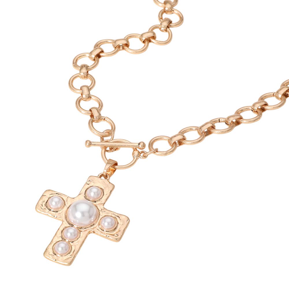 Gold Pearl Cross Pendant Chunky Chain Necklace