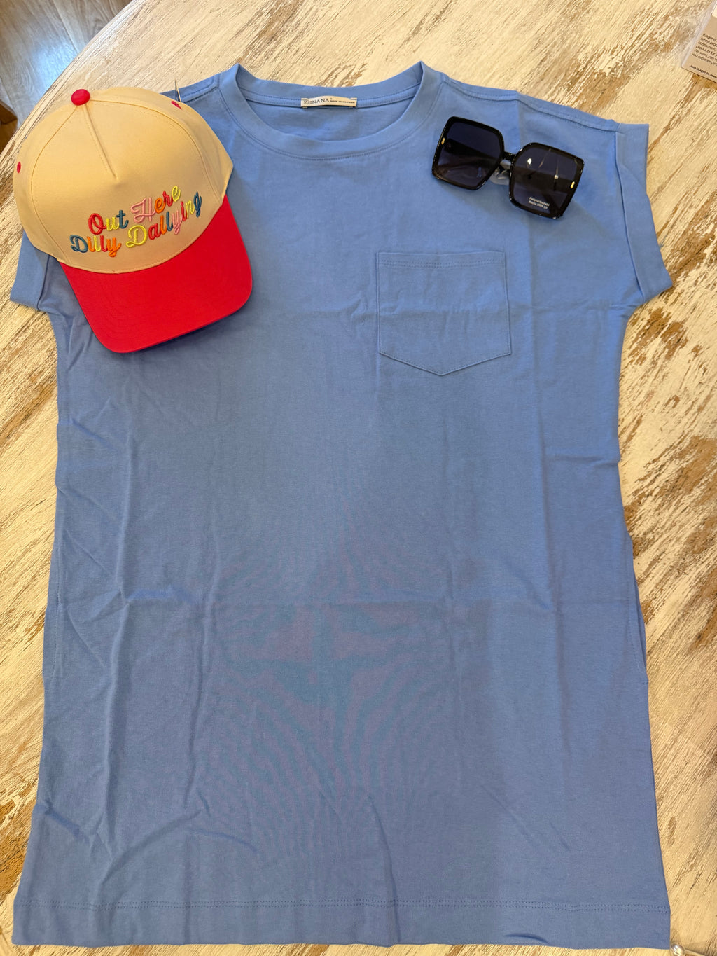 Sky Blue T-Shirt Dress With Pockets