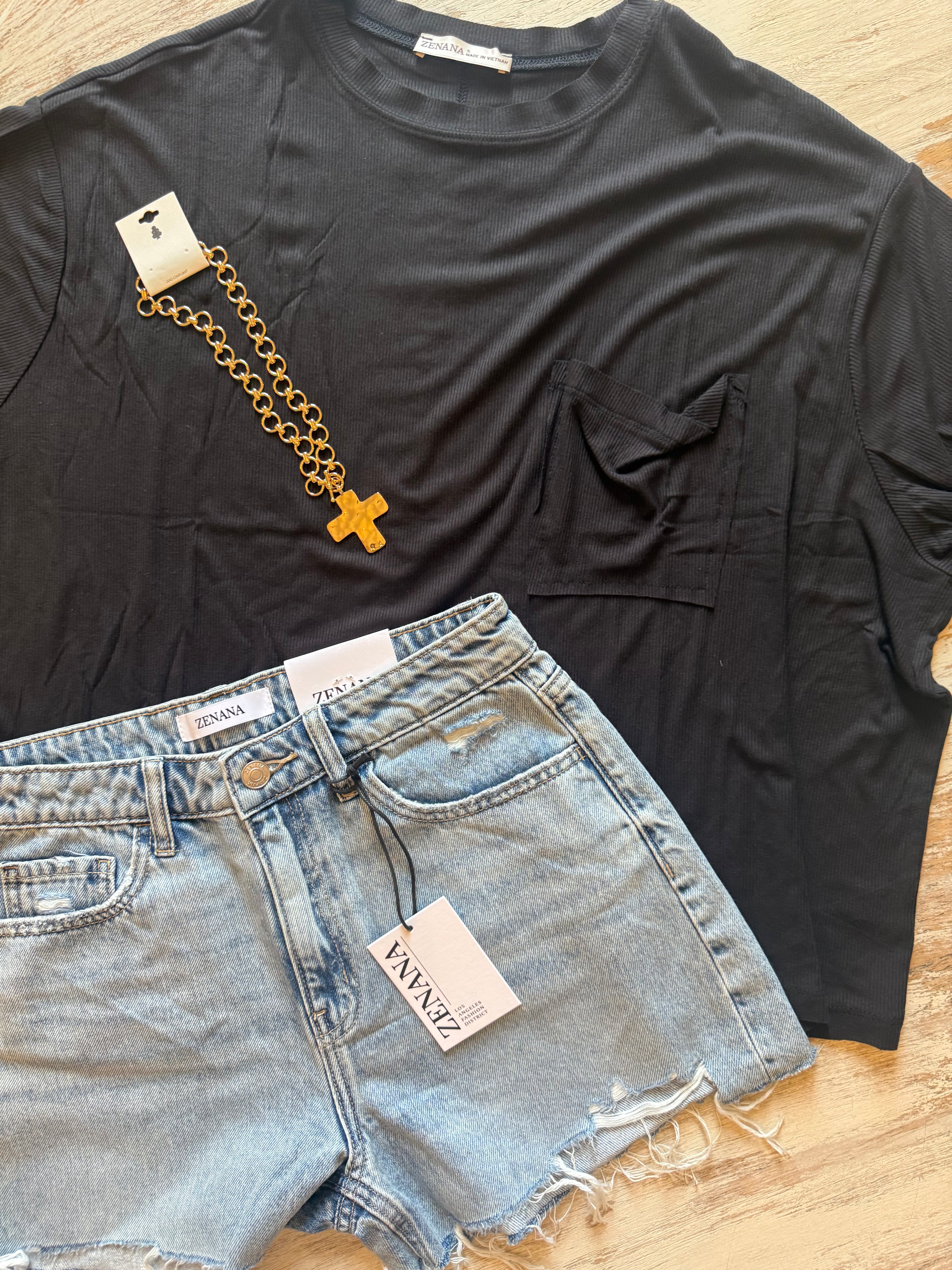 Black Ribbed Pocket Top