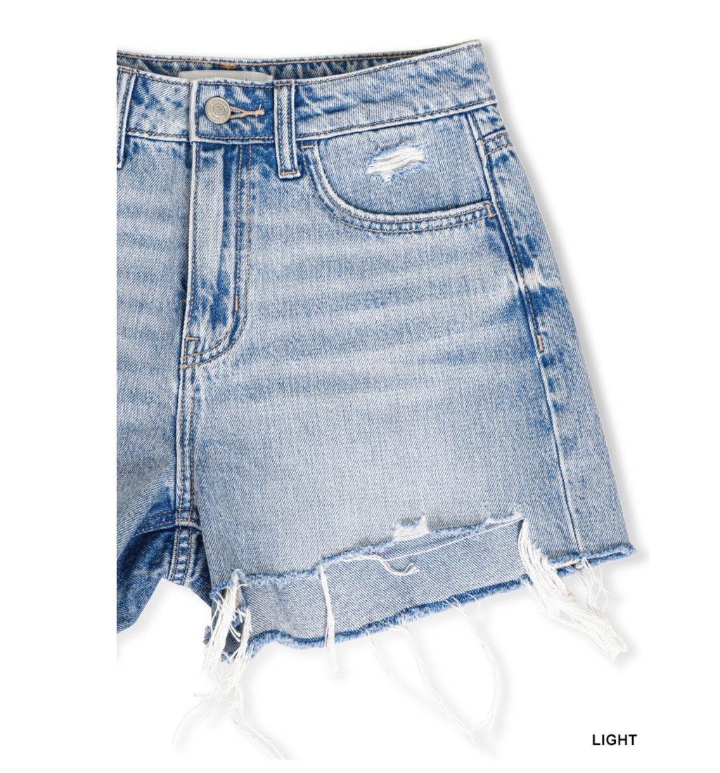 Zenana Light Denim Distressed Hem Shorts