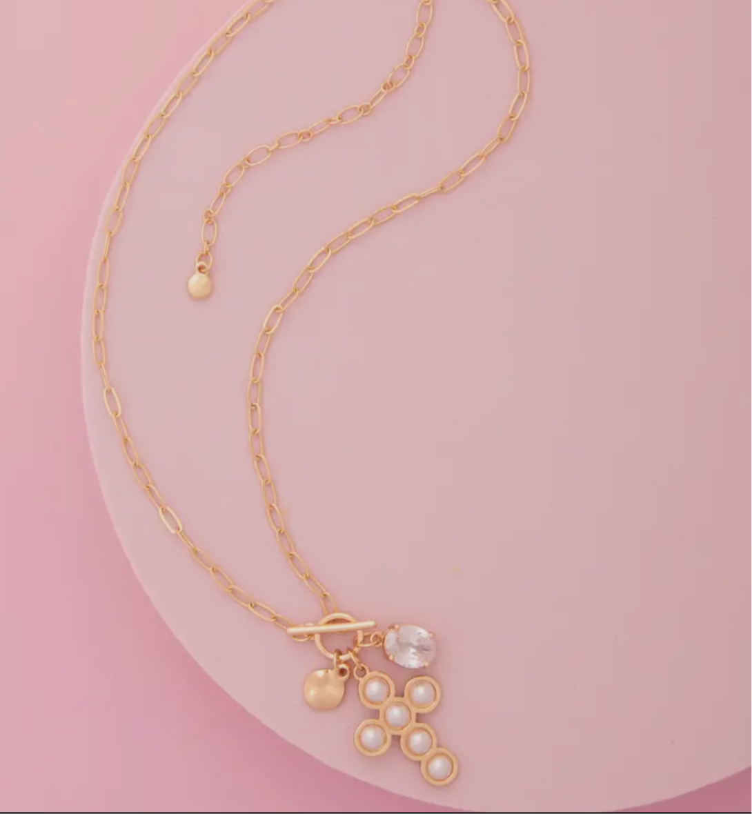 Pearl Cross Pendant Toggle Necklace