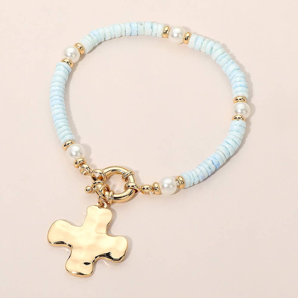 Hammered Metal Cross Charm Pearl Beaded Bracelet