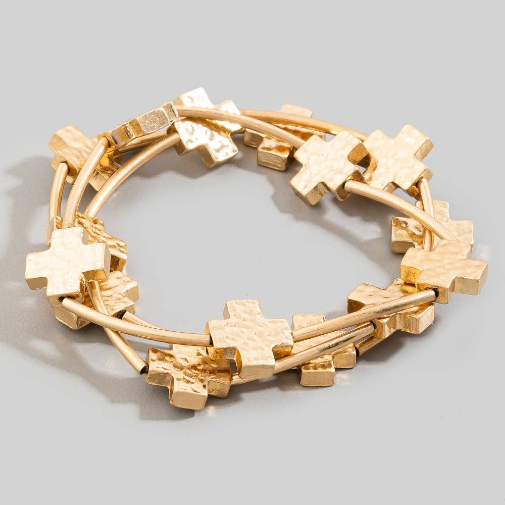 Hammered Cross Charms Layered Bracelet Set Gold and Solver