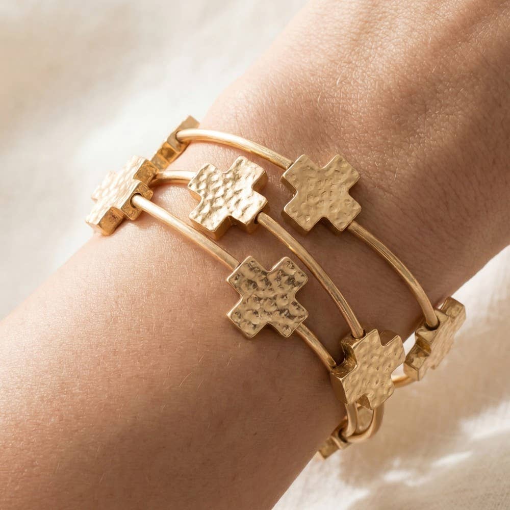 Hammered Cross Charms Layered Bracelet Set Gold and Solver