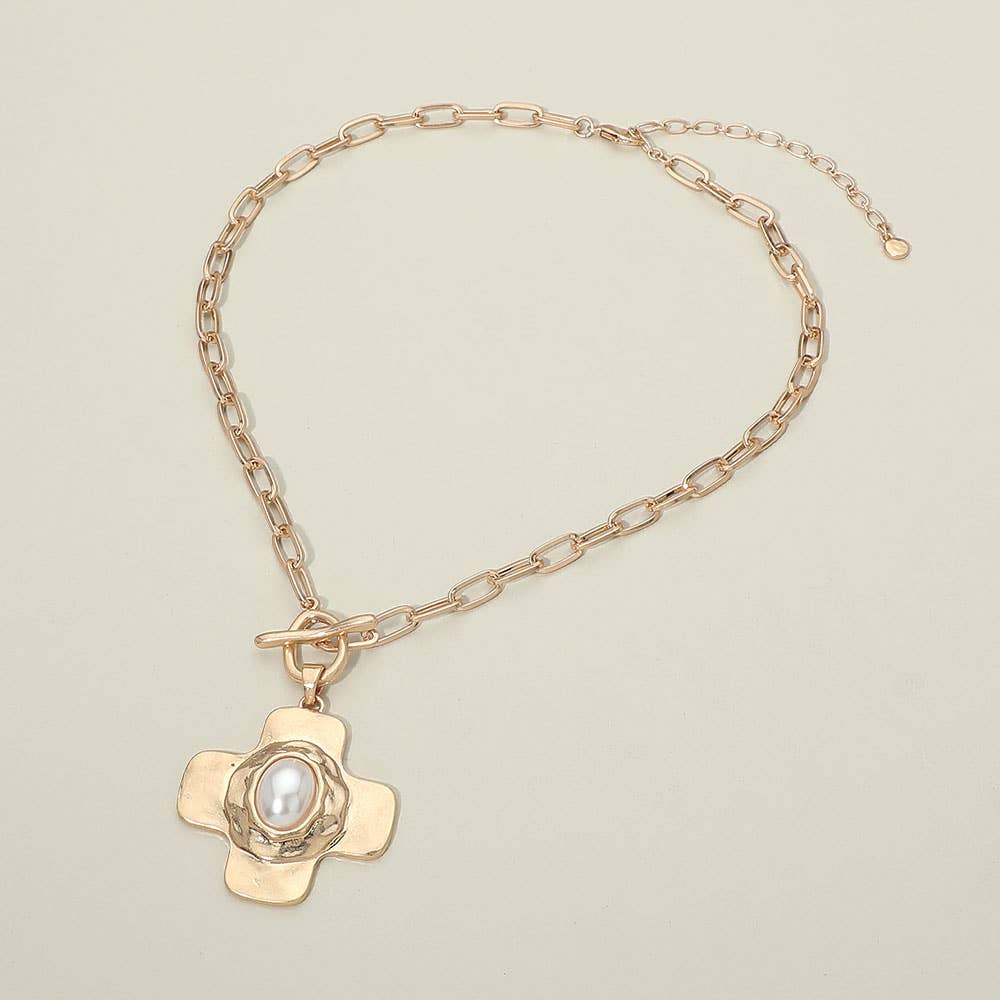 Oval Pearl Centered Toggle Cross Charm Pendant Necklace