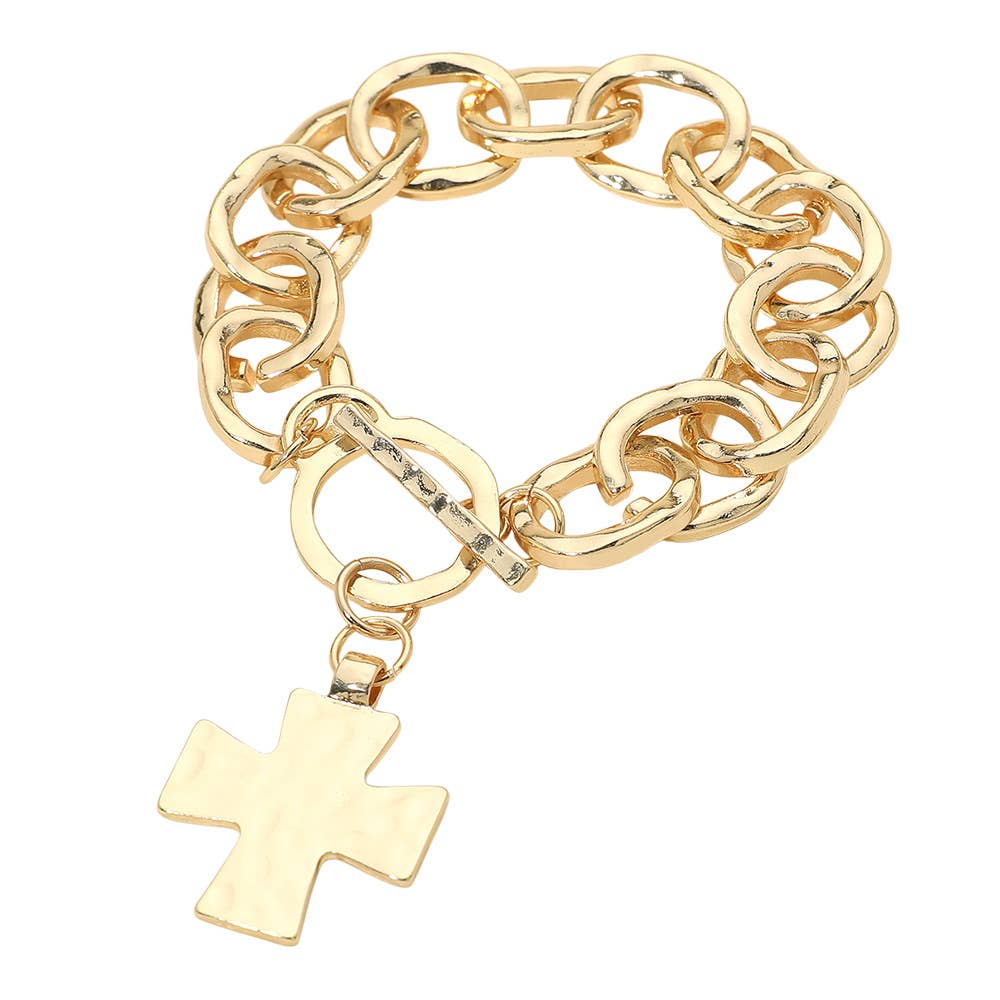 Hammered Metal Cross Charm Chunky Chain Toggle Bracelet