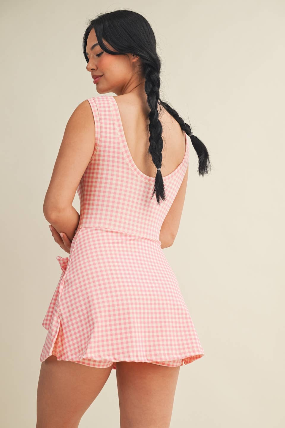 Gingham Print Wrap Tie Front Dress Romper Kimberly C.