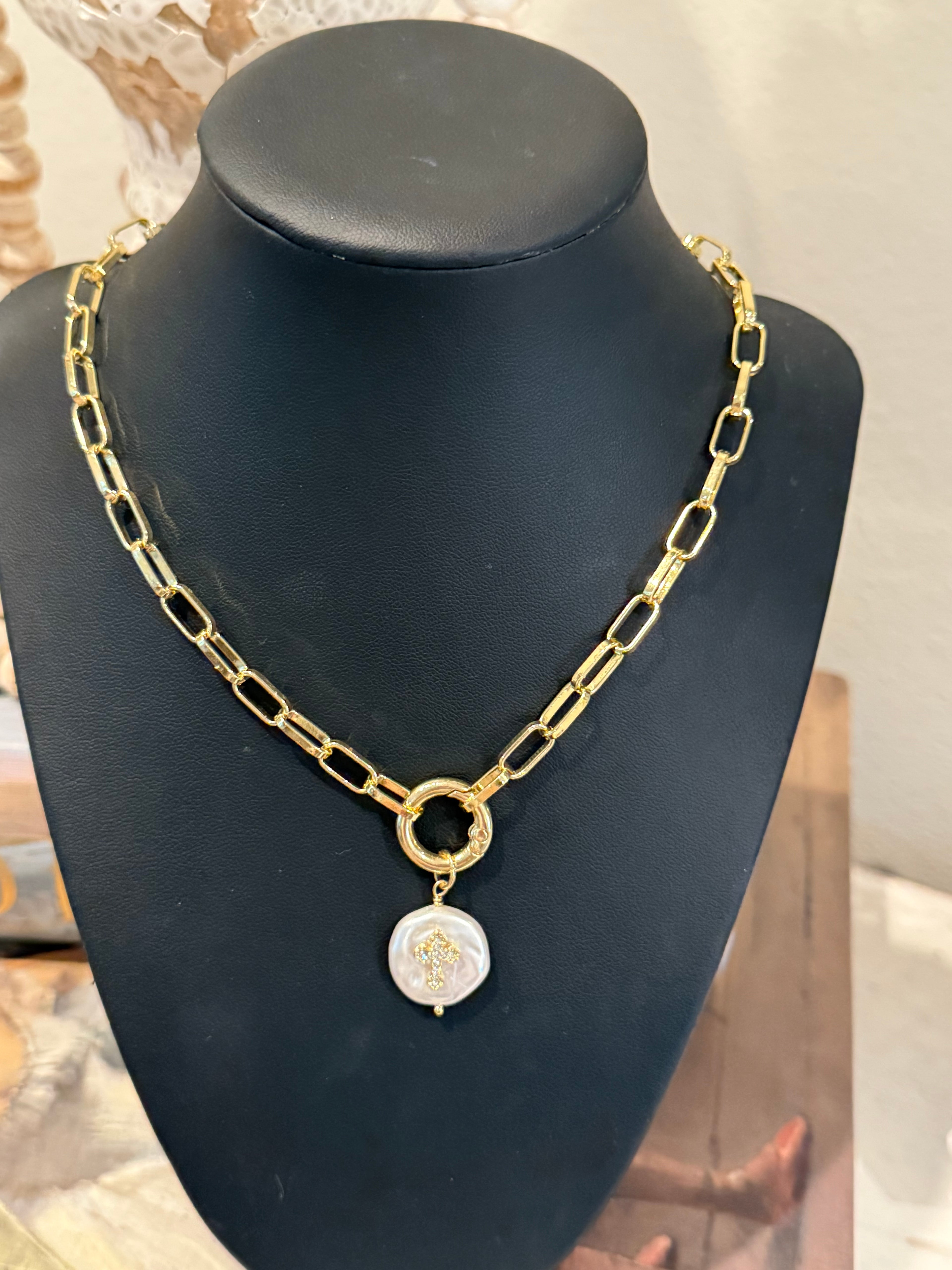 Pearl Cross Gold Chain Necklace