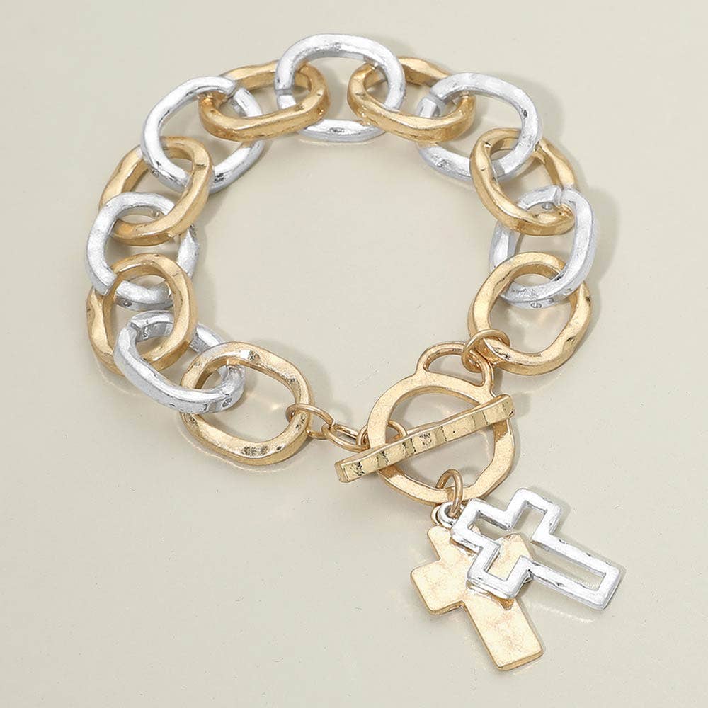 Mix Metal Hammered Layered Cross Charm Chunky Chain Toggle Bracelet