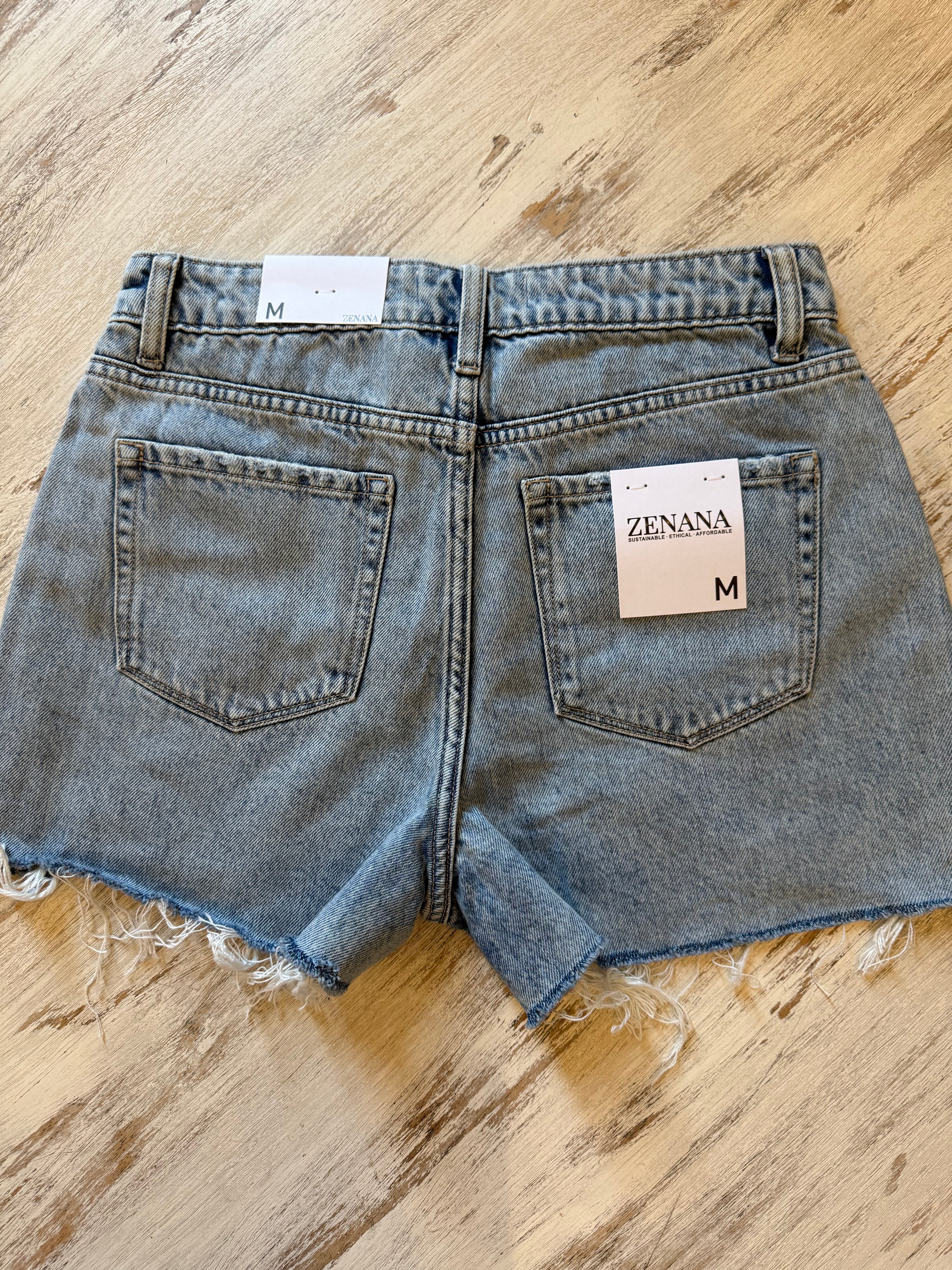 Zenana Light Denim Distressed Hem Shorts