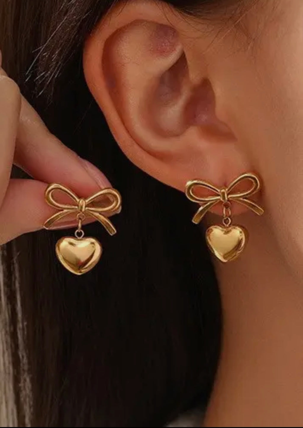 Bow Heart Dangle Gold Earrings