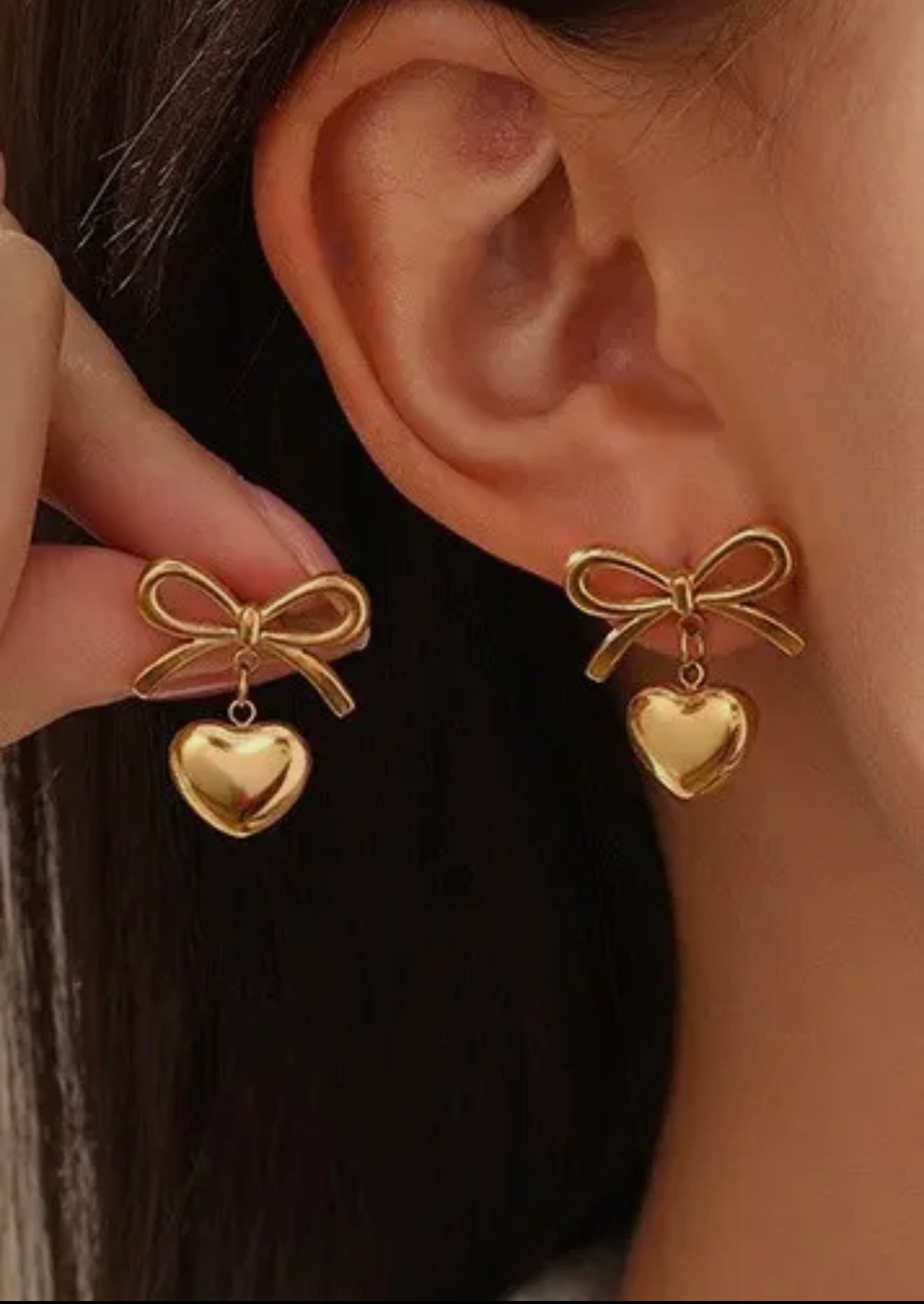 Bow Heart Dangle Gold Earrings