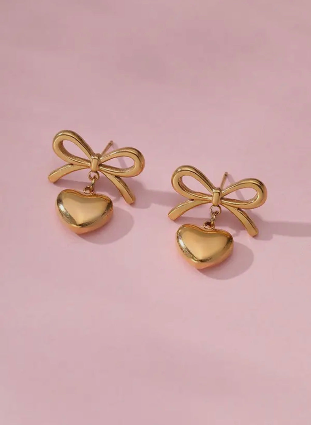 Bow Heart Dangle Gold Earrings