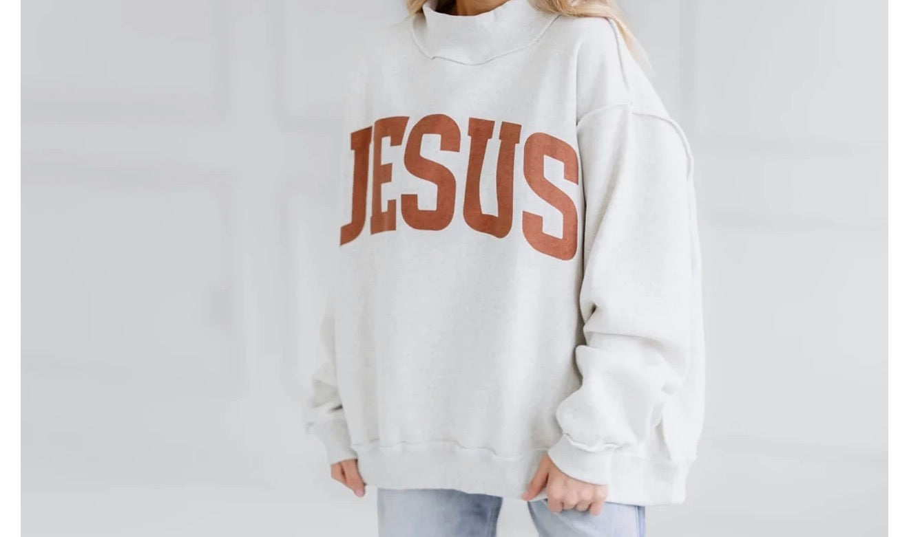 Reversible Jesus Sweatshirt Mock Neck Brown Print