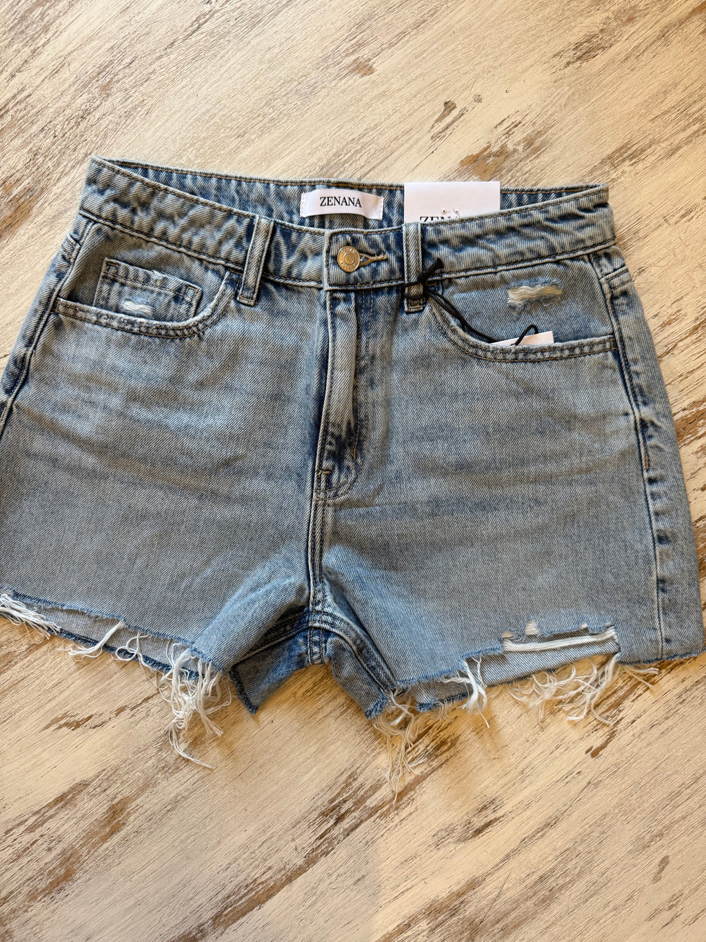 Zenana Light Denim Distressed Hem Shorts