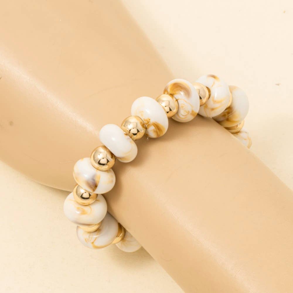 White and Gold Resin Beads Stretch Bracelet