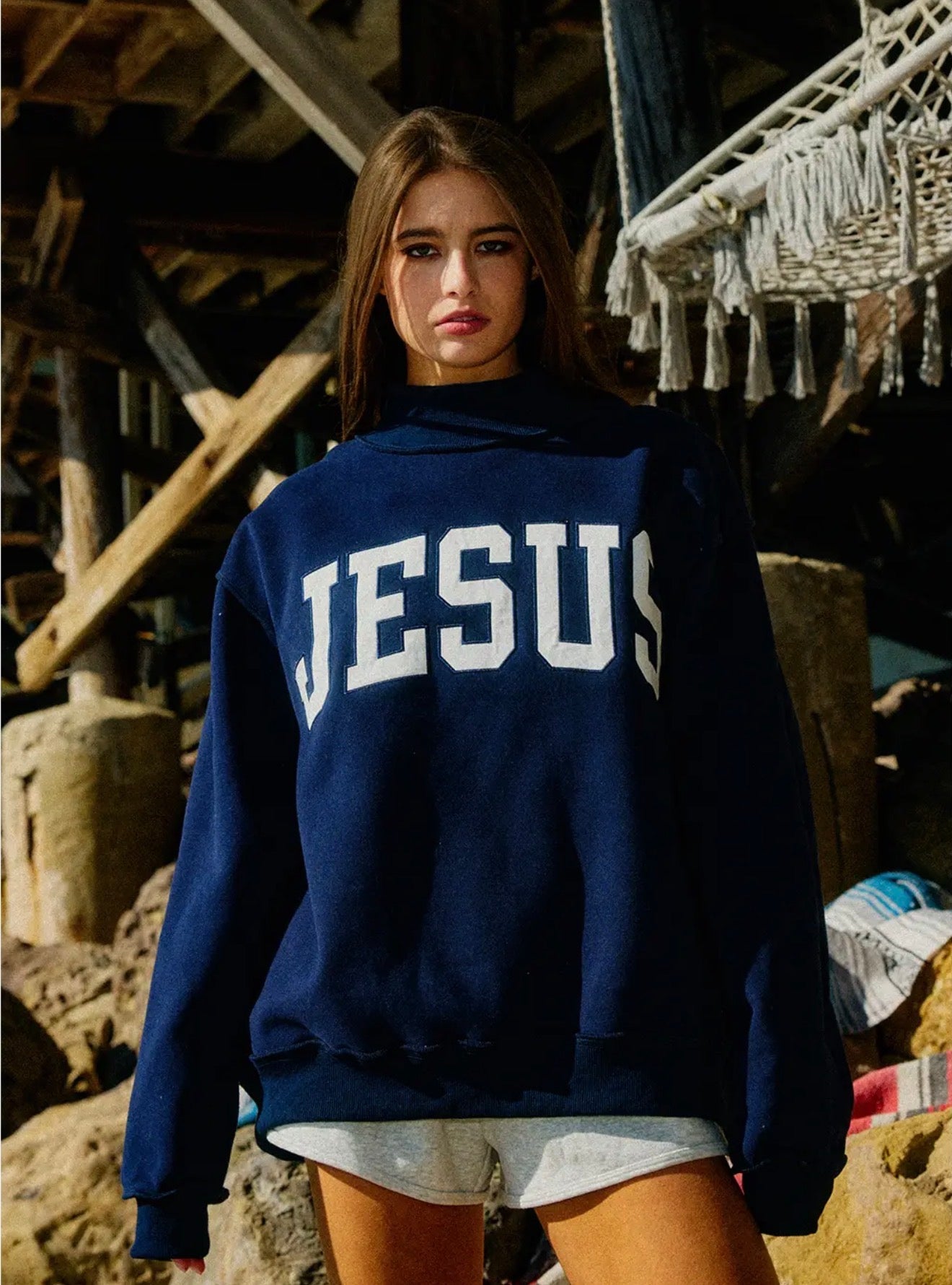Navy Jesus Embroidered Mock Neck Sweatshirt