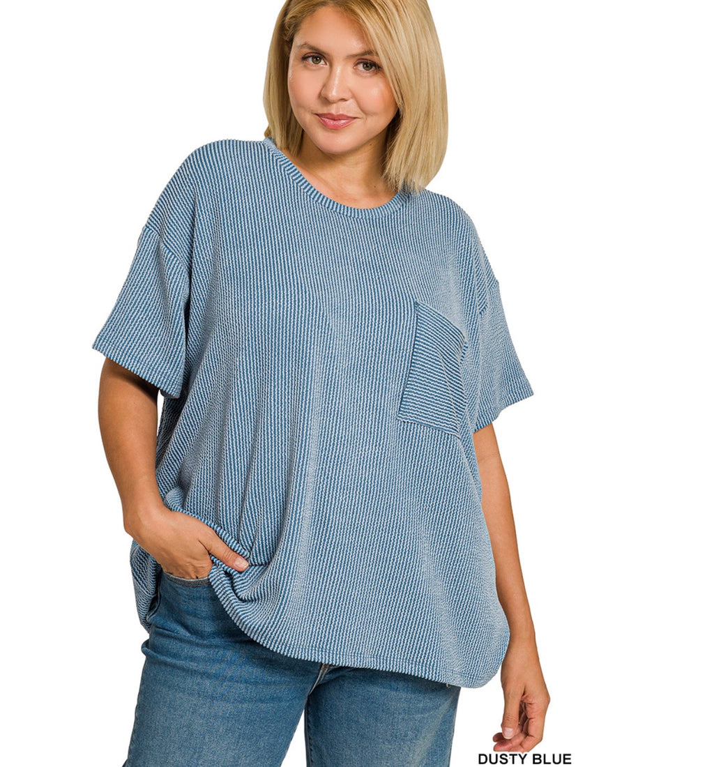 Zenana Curvy Ribbed Blue Pocket Top