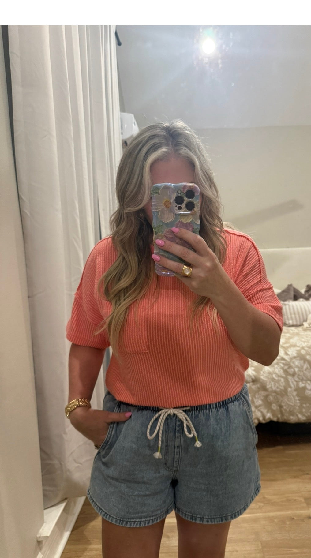 Coral Ribbed Pocket Top