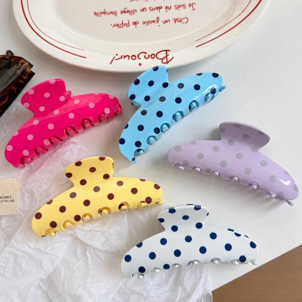 Retro Polka Dot Hair Claw - Glossy Spotted French ETA 9/16