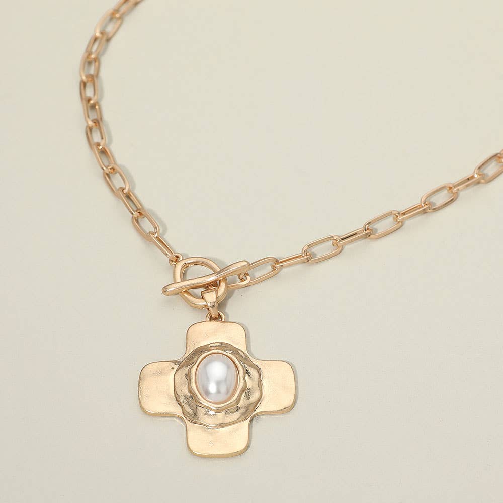 Oval Pearl Centered Toggle Cross Charm Pendant Necklace
