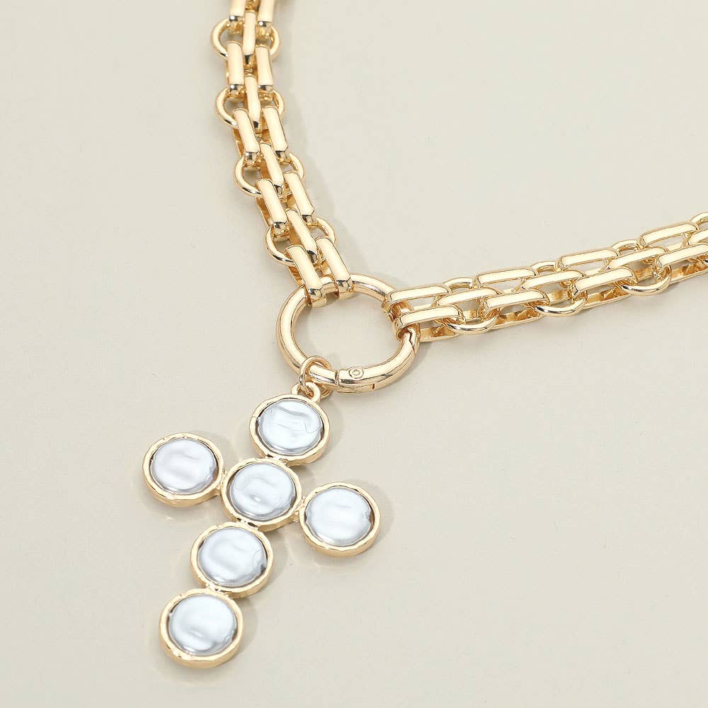 Pearl Cross Gold Statement Necklace