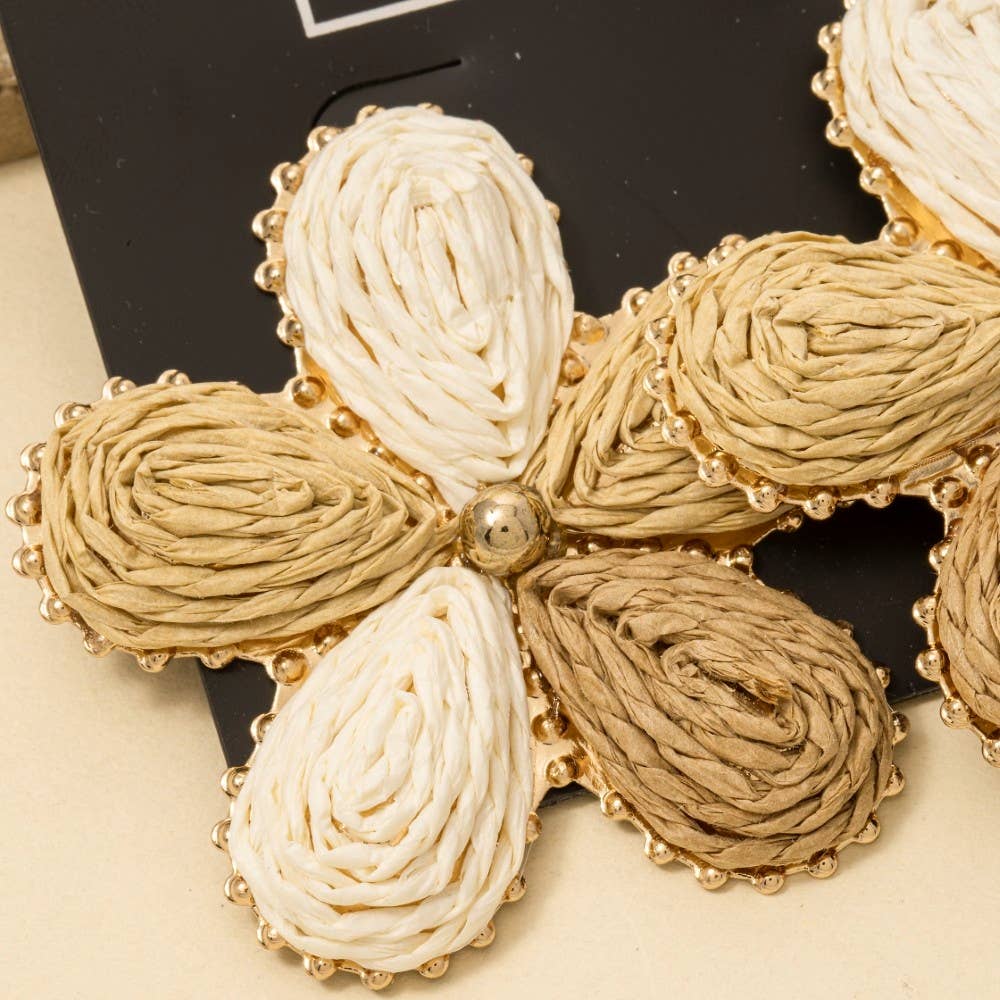 Multi Tone Straw Weave Flower Stud Earrings