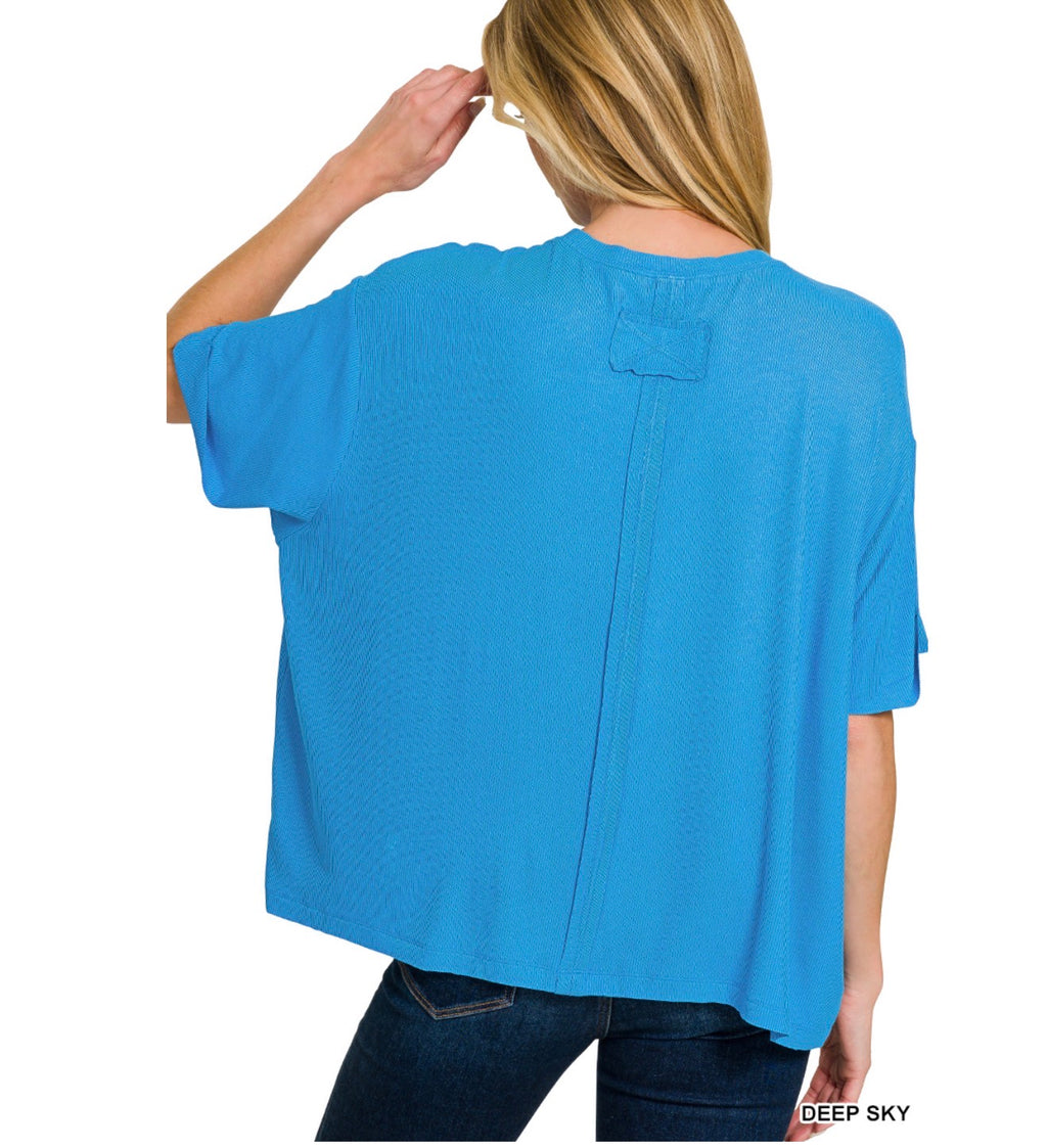 Deep Sky Ribbed Oversize Pocket Top