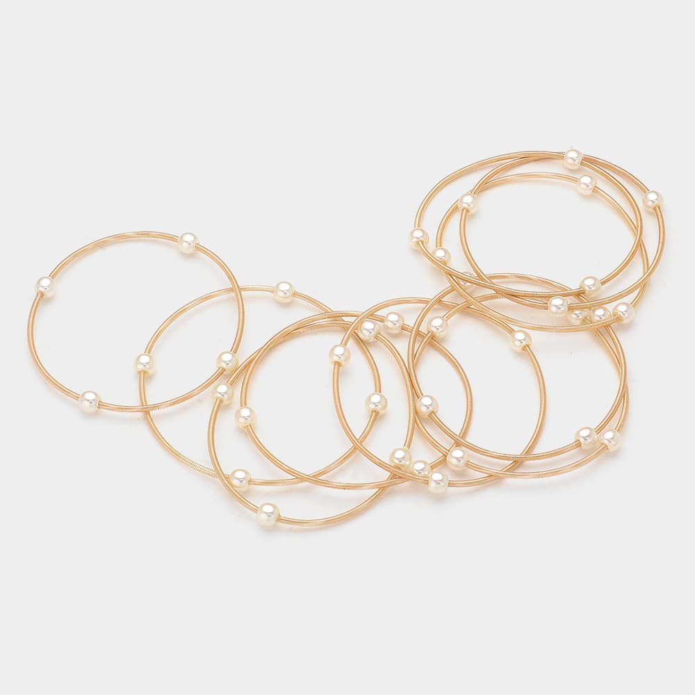 Gold 10PCS - Pearl Station Stretch Multi Layered Bracelets