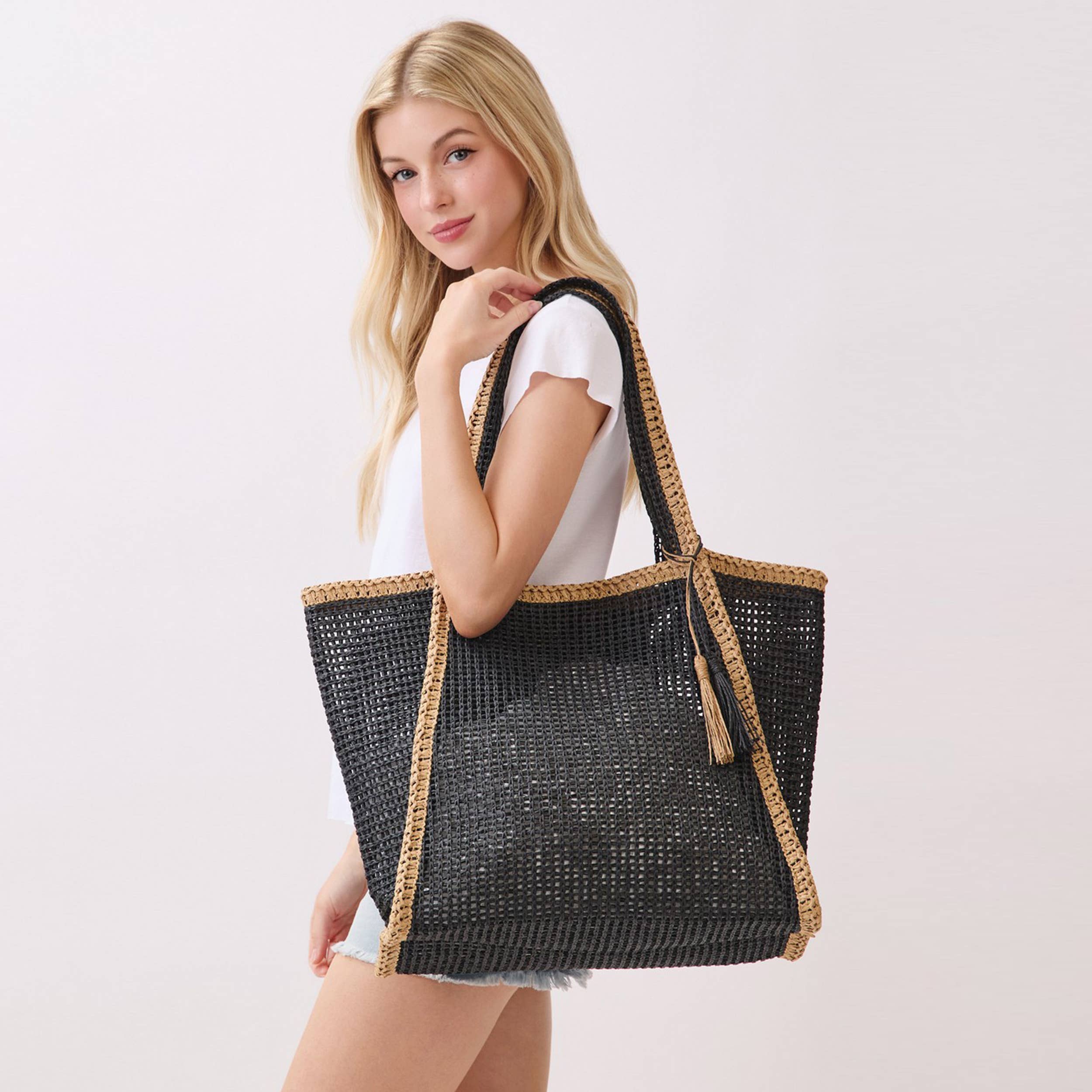 Two Tone Woven Straw with Tassel Tote Bag