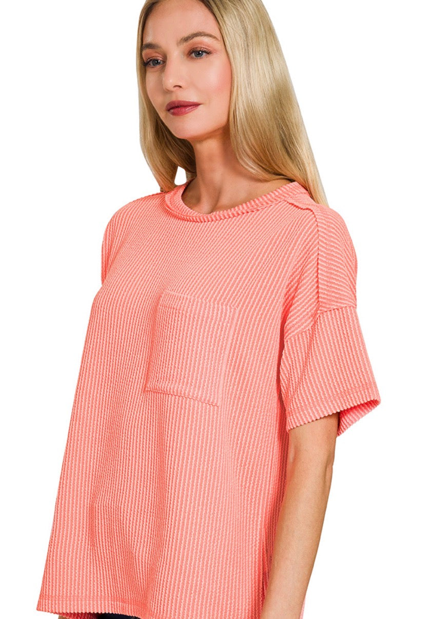 Coral Ribbed Pocket Top