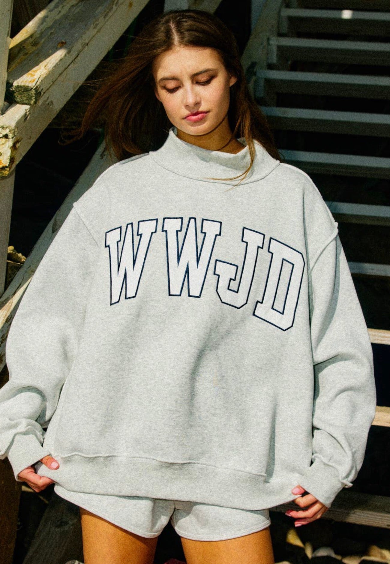 Embroidered WWJD Mock Neck Sweatshirt