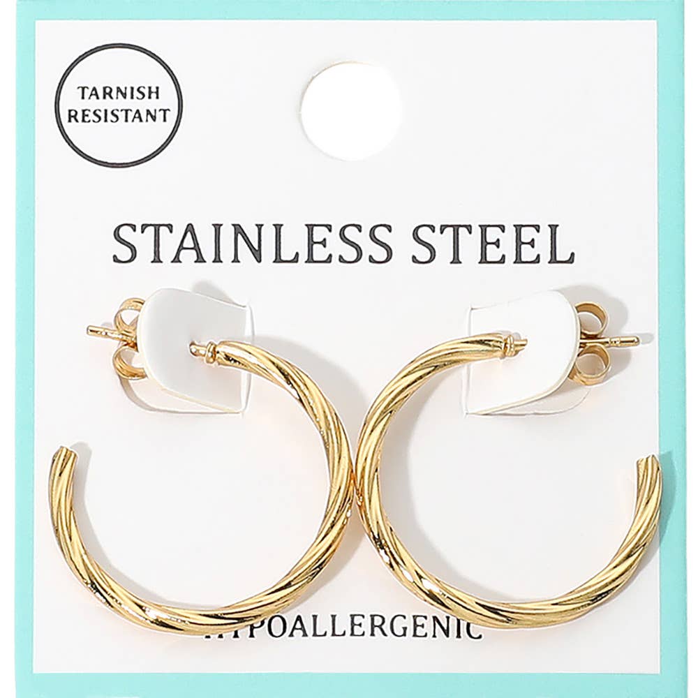 Gold Twisted Stainless Steel Hoop Earrings