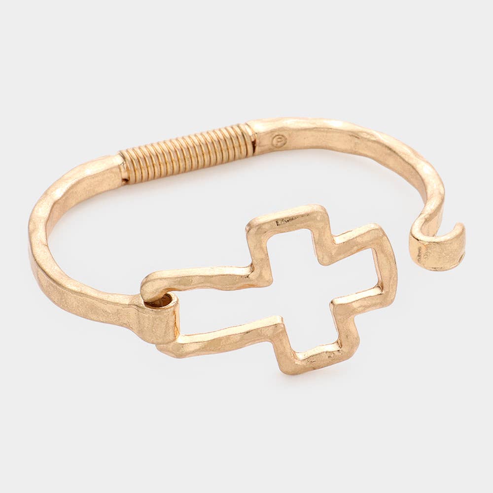 Gold Hammered Open Metal Cross Hook Bracelet