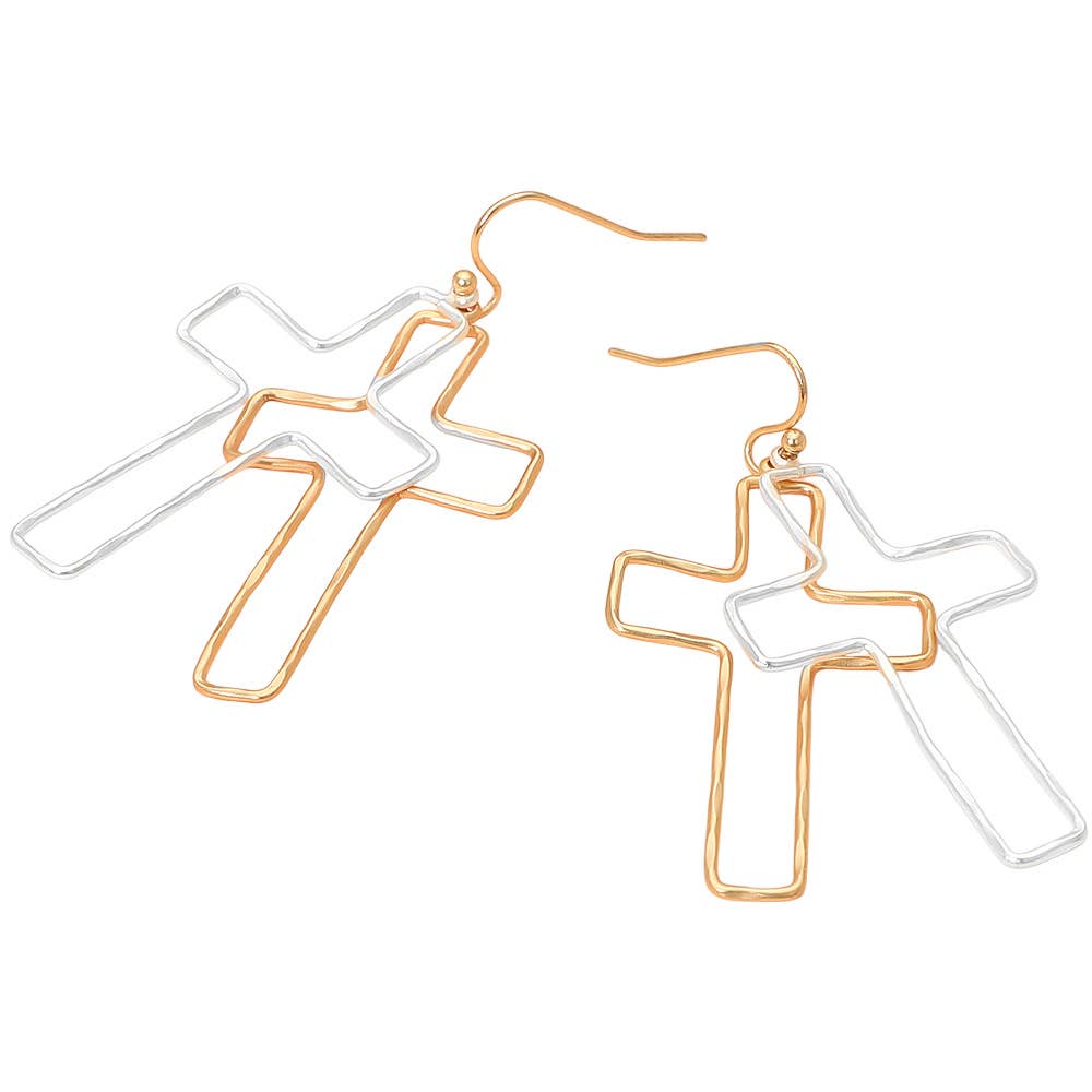 Mix Metal Wire Open Double Cross Dangle Earrings